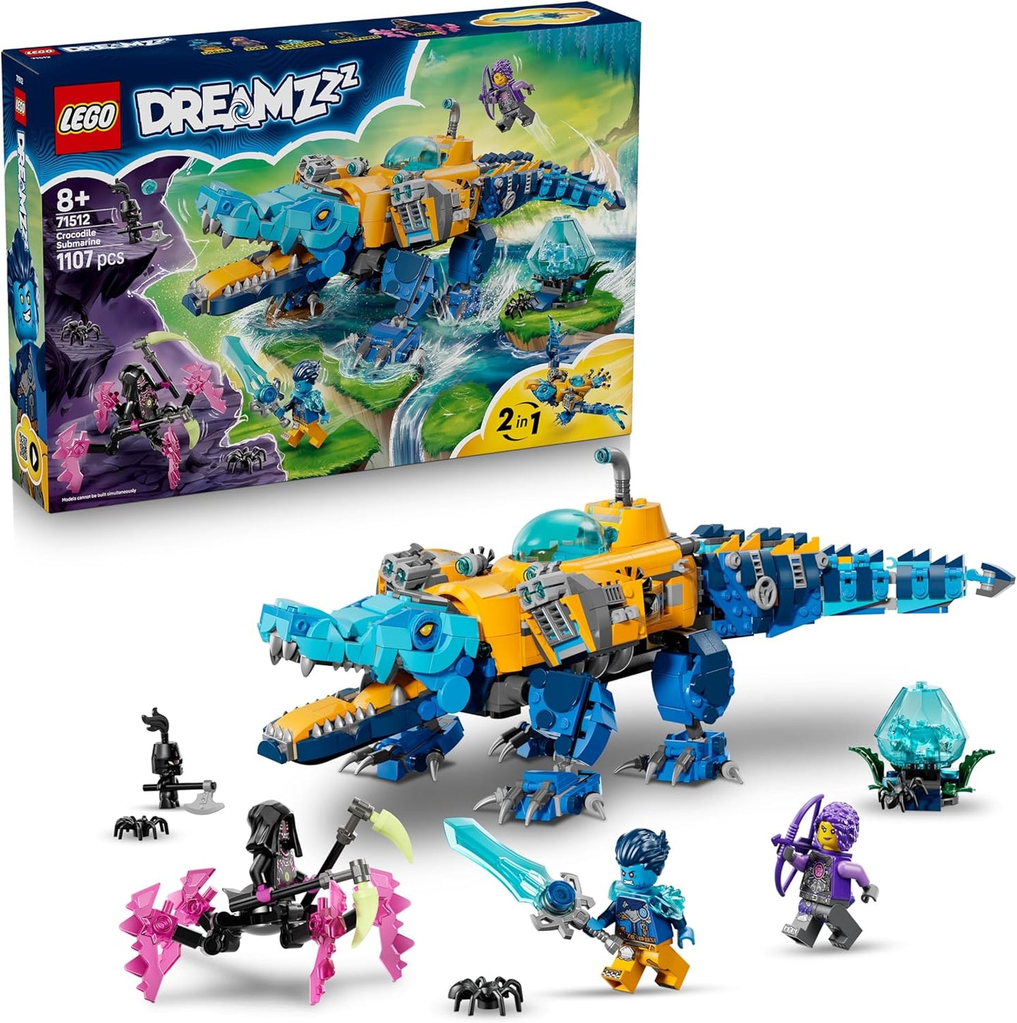LEGO DREAMZzz 2 em 1 Submarino Crocodilo - Transforma-se em um Submarino Águia - Inclui 3 minifiguras, 2 aranhas e uma criatura azul colecionável do tesouro - Presente para meninos a partir de 8 anos - 71512