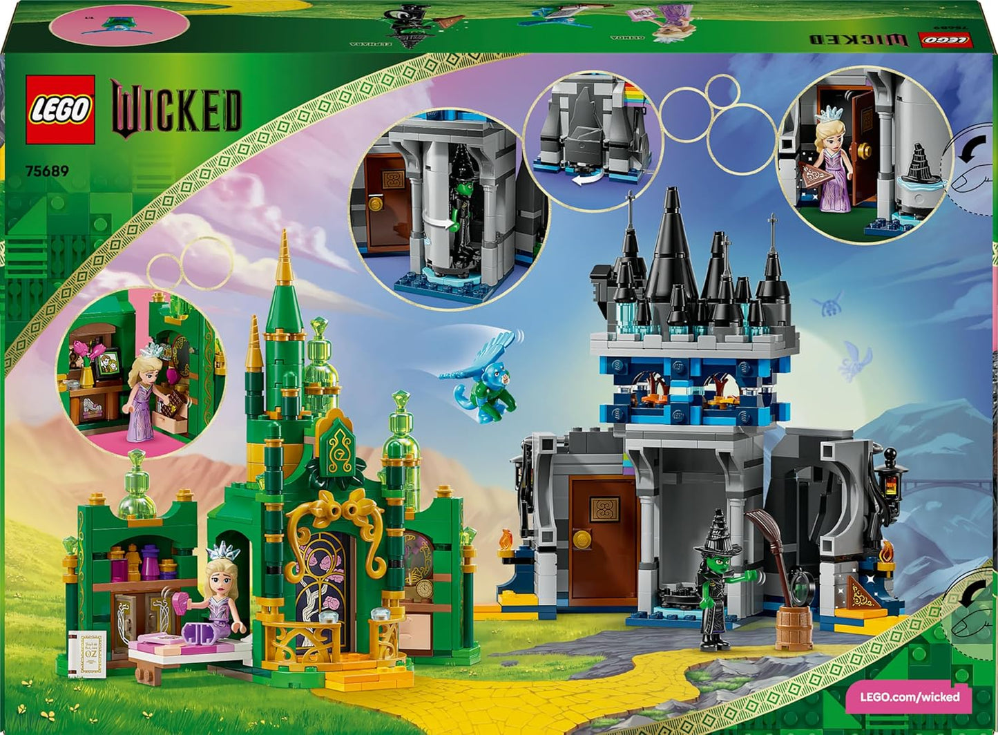 LEGO Wicked Emerald City e Castelo de Kiamo Ko - Brinquedo para Brincar e Exibir - Inclui Mini Bonecas da Elphaba e da Glinda, além de um Macaco e Acessórios - Presente para Meninas a partir de 9 Anos e Fãs do Filme - 75689