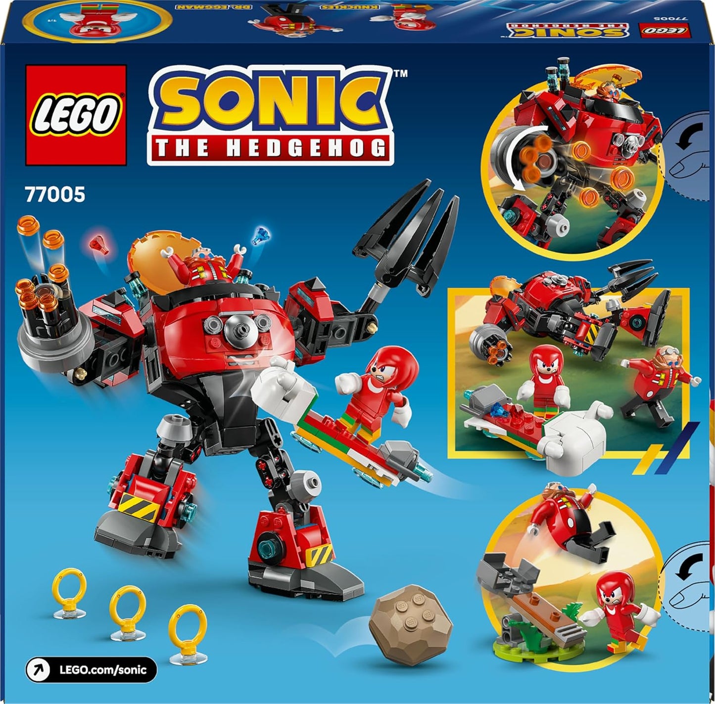 LEGO Sonic the Hedgehog Knuckles vs. Dr. Eggman Egg Crusher Mech - Conjunto de Construção com 2 Minifiguras, Anéis e Esmeraldas do Caos - Presente para Fãs de Videogames a partir de 8 Anos - 77005