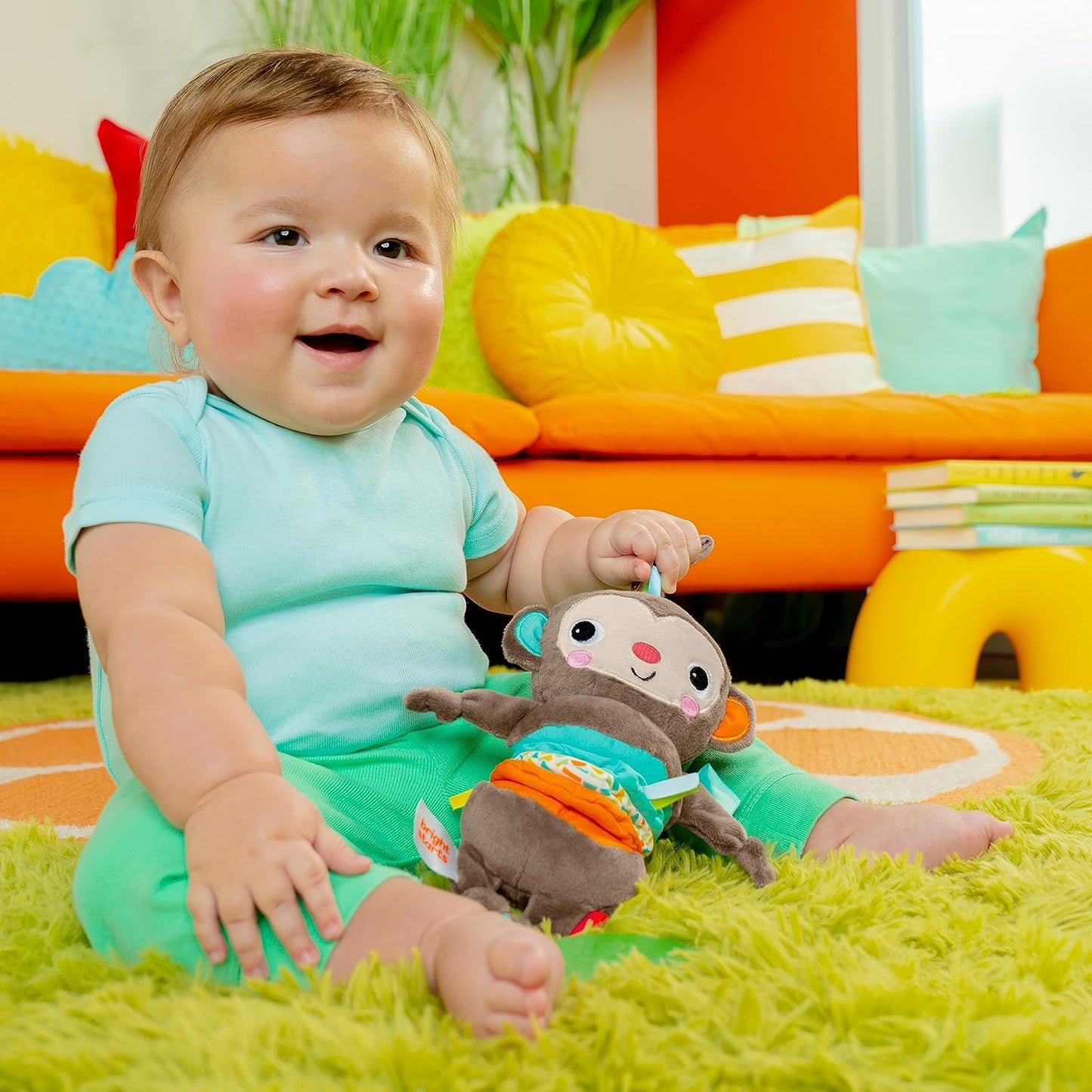 Bright Starts Brinquedo musical de atividade para carrinho Pull, Play & Boogie - Macaco - Unissex, Recém-nascido +