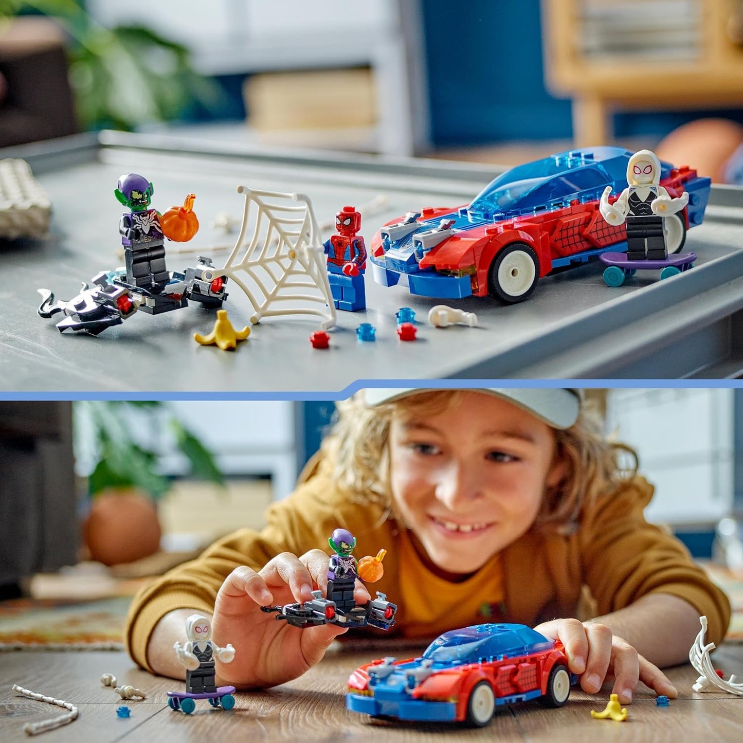 LEGO Carro de corrida do Homem-Aranha da Marvel e Duende Verde Venom, brinquedos de construção de super-heróis para meninos e meninas com uma minifigura do Aranha, além de um veículo de brinquedo montável e atiradores