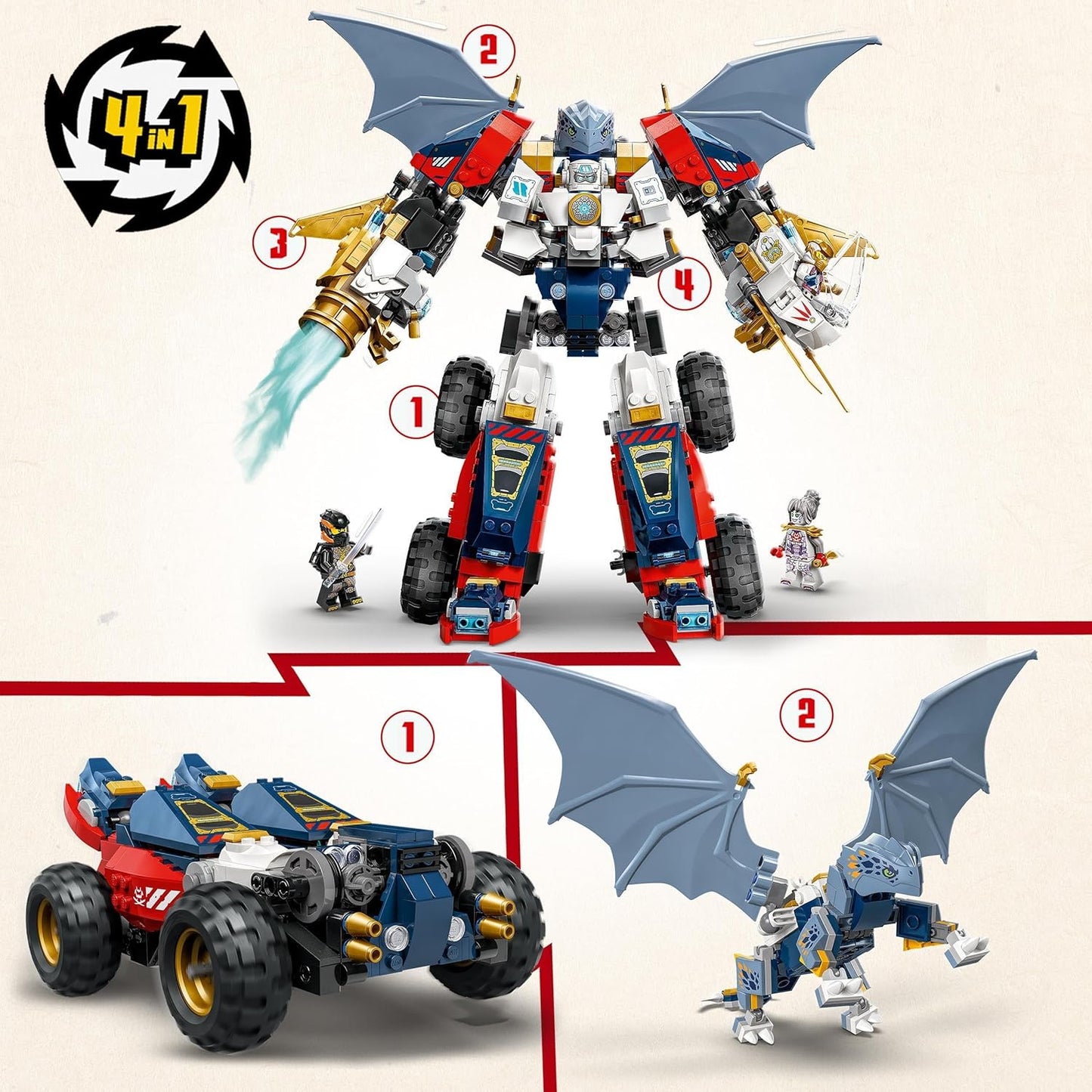 LEGO NINJAGO 4 em 1 Brinquedo Mech Ultra Combiner de Zane - Reconstrói em um jato, modelo de carro, figura de dragão e ninja - Incl. 6 minifiguras para dramatização - Conjunto de construção para meninos e meninas com mais de 9 anos