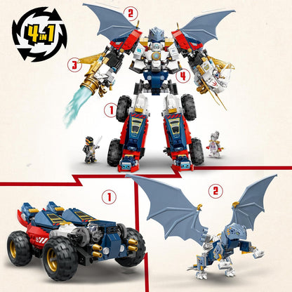 LEGO NINJAGO 4 em 1 Brinquedo Mech Ultra Combiner de Zane - Reconstrói em um jato, modelo de carro, figura de dragão e ninja - Incl. 6 minifiguras para dramatização - Conjunto de construção para meninos e meninas com mais de 9 anos