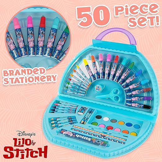 Disney Stitch Kids Art Set 40 Plus Peças Disney Princesas Crianças Colorir Conjuntos Tintas Lápis de Cor Marcadores Giz de Cera Artigos de Arte de Viagem Presentes para Crianças (Conjunto de Ponto Azul)