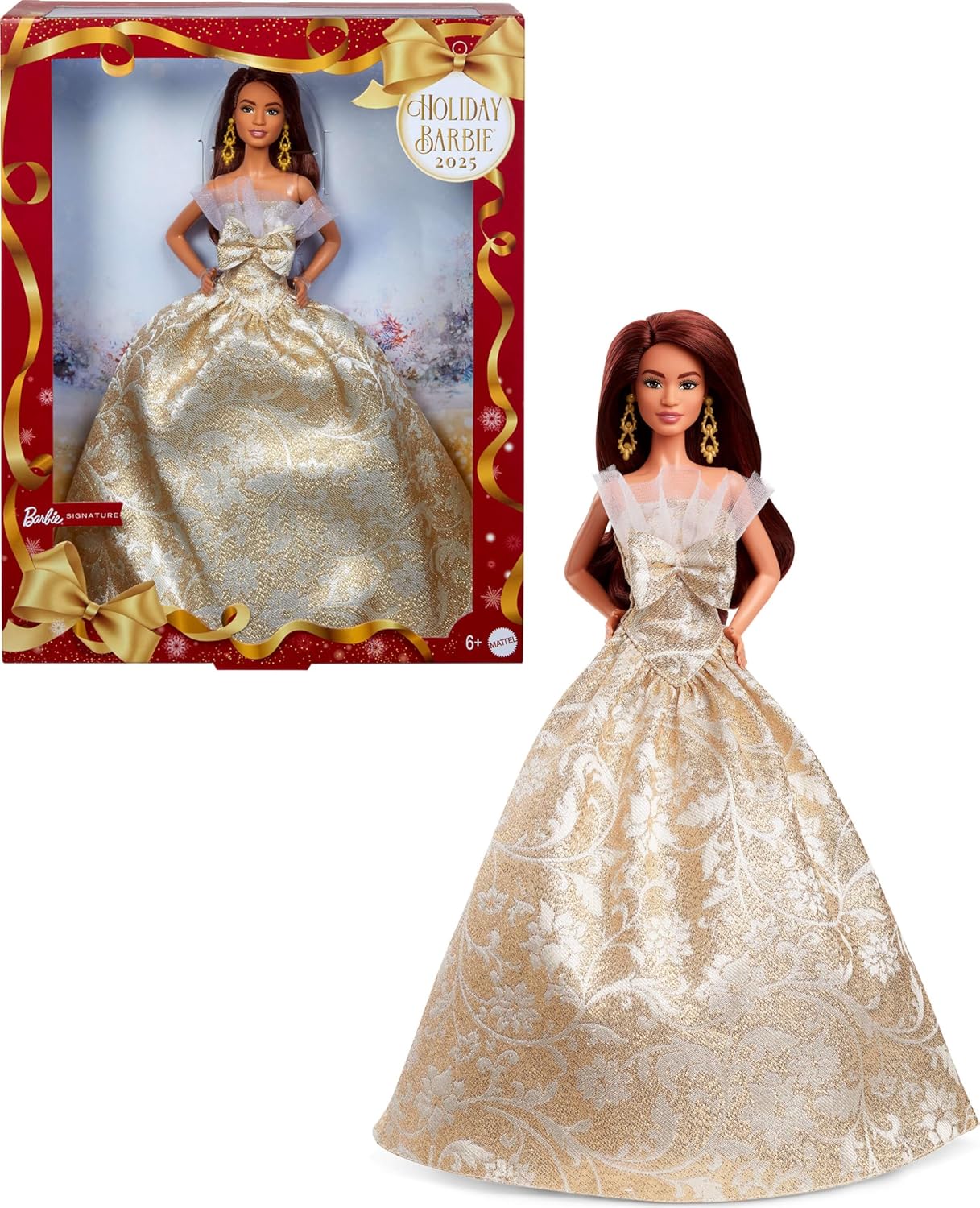 Barbie Signature, Boneca Fashion de Cabelo Preto para as Festas de Fim de Ano de 2025, Vestindo Vestido Prateado e Dourado, Brinquedo Colecionável Sazonal em Embalagem Exibível, JBJ01