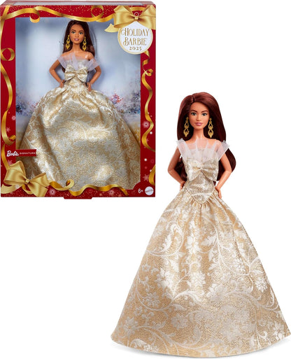 Barbie Signature, Boneca Fashion de Cabelo Preto para as Festas de Fim de Ano de 2025, Vestindo Vestido Prateado e Dourado, Brinquedo Colecionável Sazonal em Embalagem Exibível, JBJ01