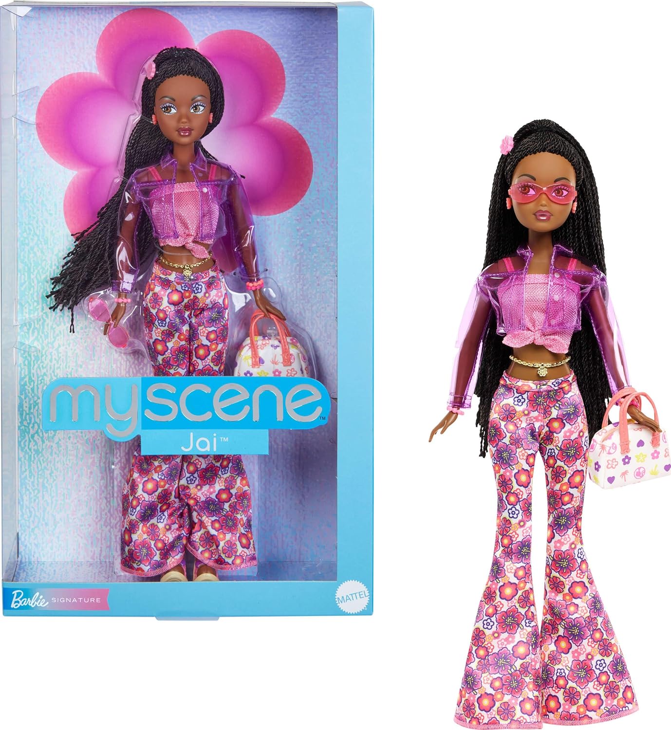Barbie Signature My Scene Jai Boneca e Acessórios, Tranças Pretas, Roupa Inspirada nos Anos 2000 com Blusa Rosa, Jaqueta de Vinil, Calça Flare Floral e Suporte para Boneca, JBH84