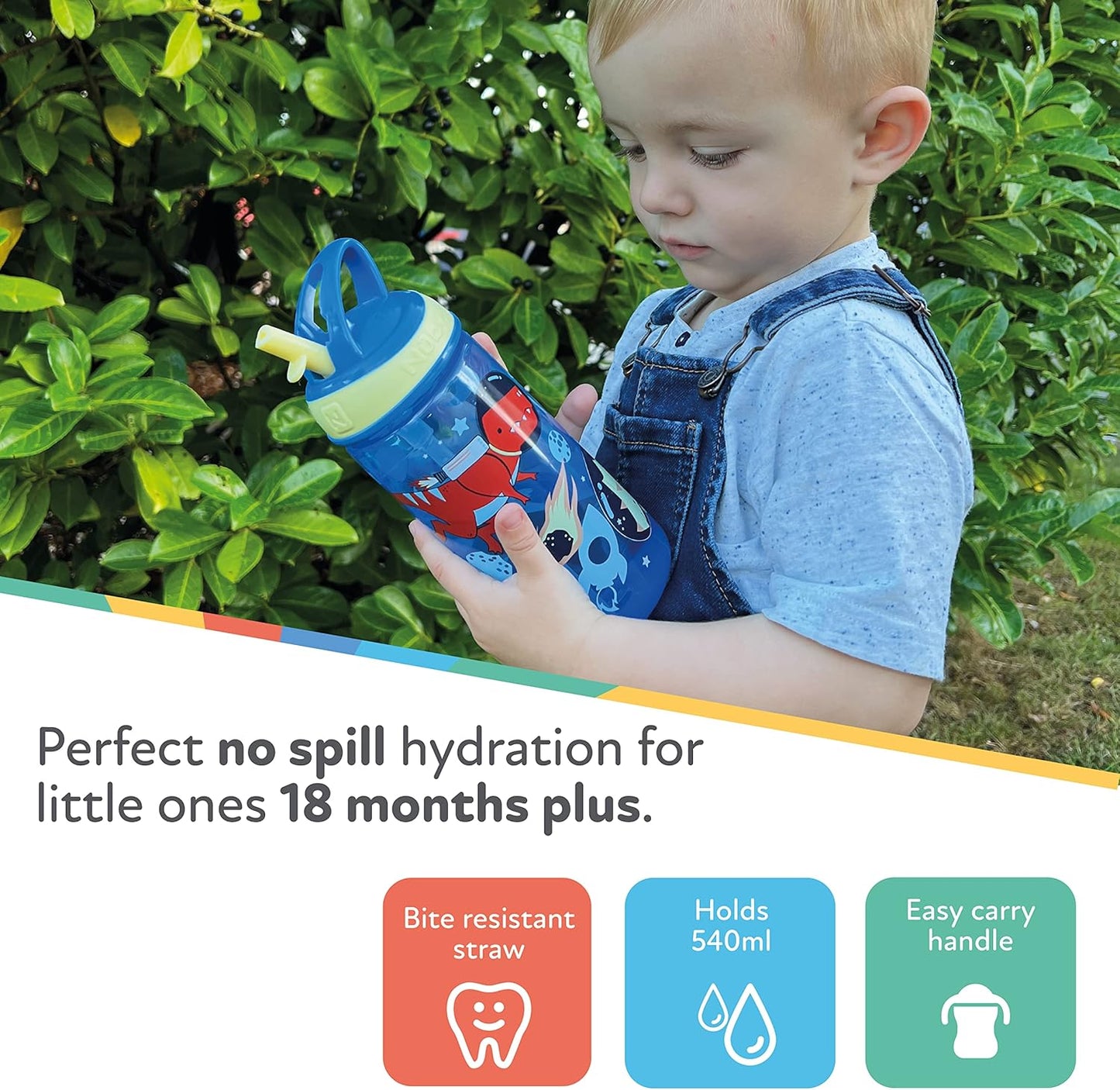 Nuby Garrafa de água Super Flip - Copo com canudinho antiderramamento para crianças pequenas | 540 ml/19 oz | Alça de transporte | Fluxo livre | Pode ser lavado na máquina de lavar louça e esterilizado | Copo adequado para crianças de 18 meses ou mais