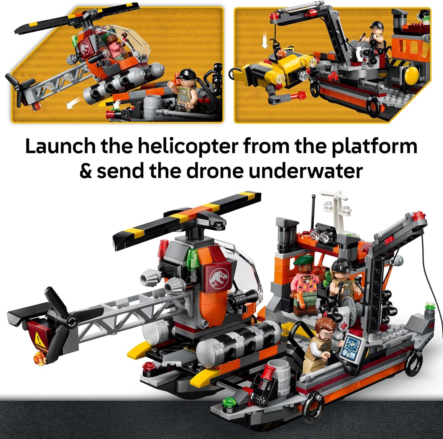LEGO Brinquedo Jurassic World Ataque do Mosassauro ao Barco – Navio de Carga, Figura de Dinossauro, Helicóptero e 3 Minifiguras – Presente de Aniversário para Meninos e Meninas a partir de 7 Anos e Fãs do Filme – 77983