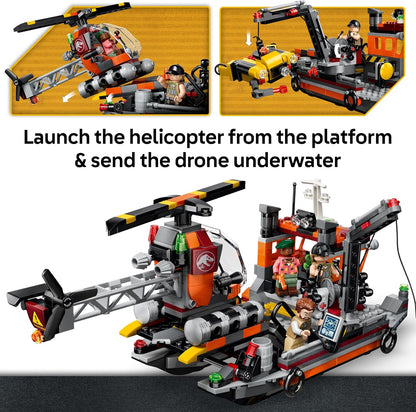 LEGO Brinquedo Jurassic World Ataque do Mosassauro ao Barco – Navio de Carga, Figura de Dinossauro, Helicóptero e 3 Minifiguras – Presente de Aniversário para Meninos e Meninas a partir de 7 Anos e Fãs do Filme – 77983