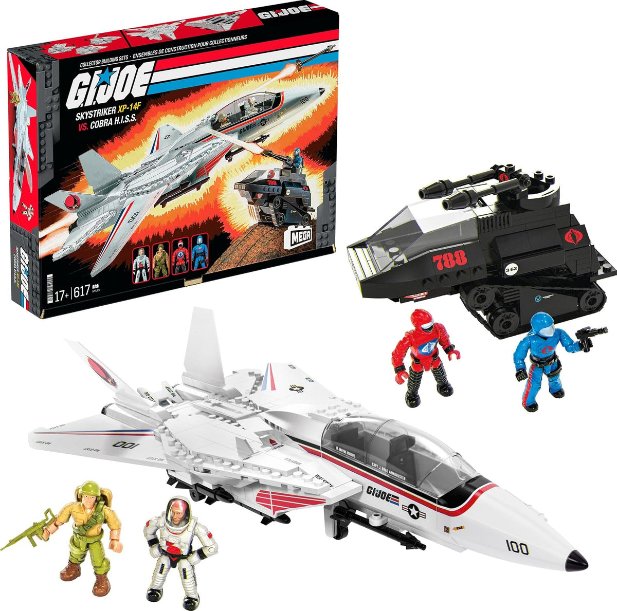 MEGA Conjunto de Montagem G.I. Joe: Skystriker XP-14F vs. Cobra H.I.S.S. com 617 Peças e 4 Bonecos Articulados – Para Colecionadores