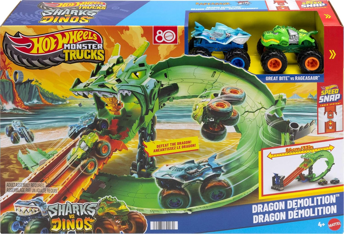 Hot Wheels Toy Monster Trucks, Sharks vs. Dinos Dragon Destruction Playset com Great Bite e Rageasaur em escala 1:64, Corrida para Derrotar o Ciborgue Nêmesis, JGB06