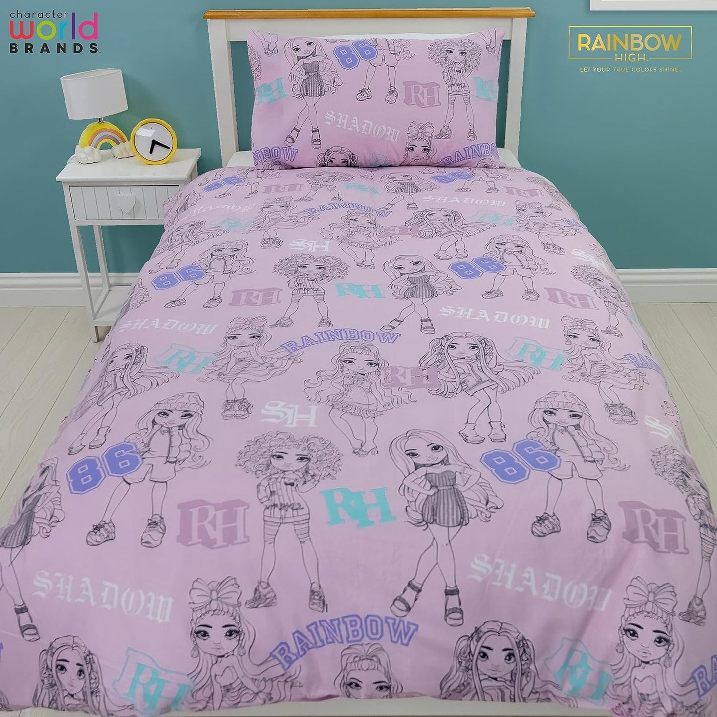 Conjunto de capa de edredom de solteiro oficial da Character World Rainbow High | Design das bonecas Shadow High | Roupa de cama reversível com fronha combinando | Conjunto para cama de solteiro