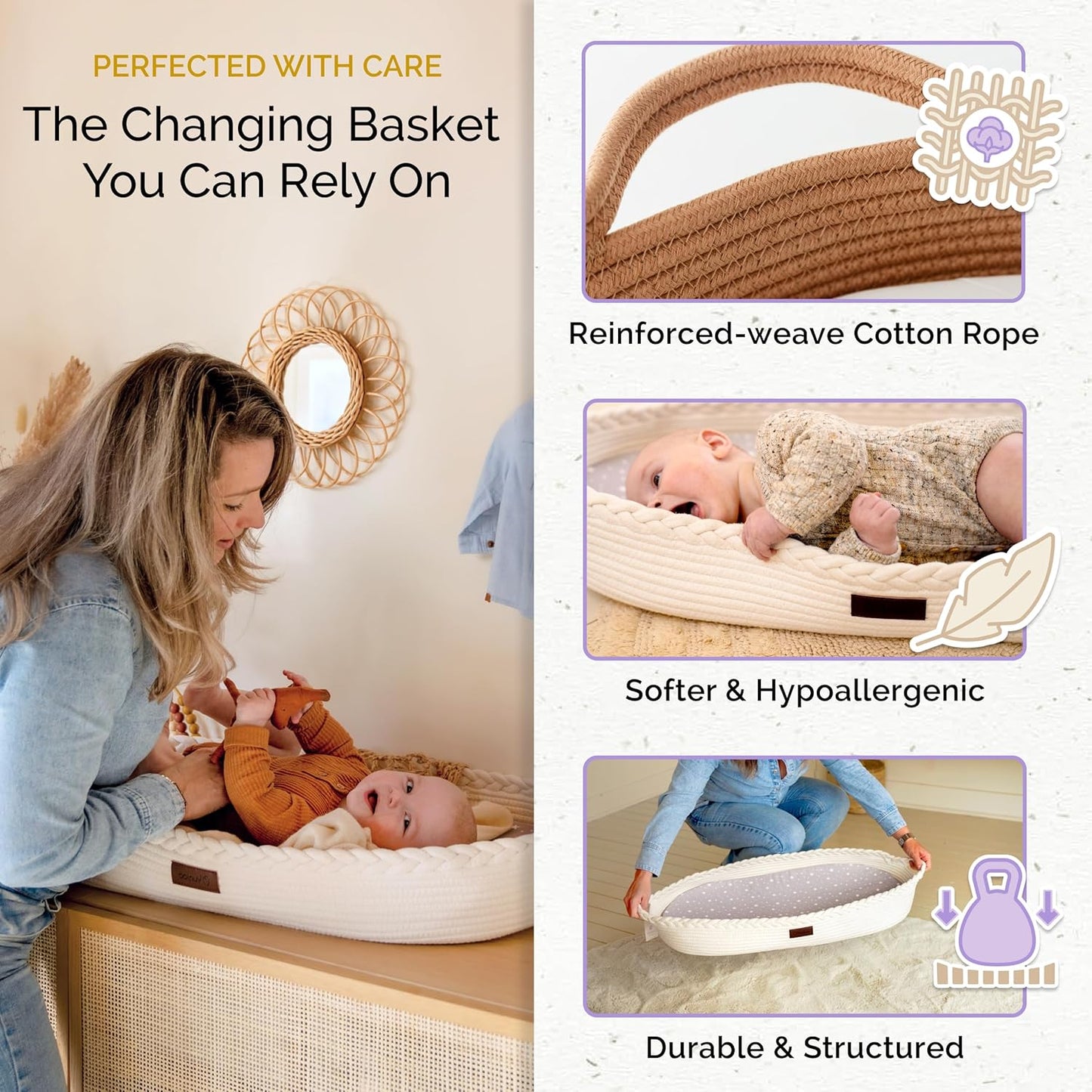 Yunioo Baby Changing Basket com trocador macio e portátil para cômoda e trocador, itens essenciais para recém-nascidos – Branco