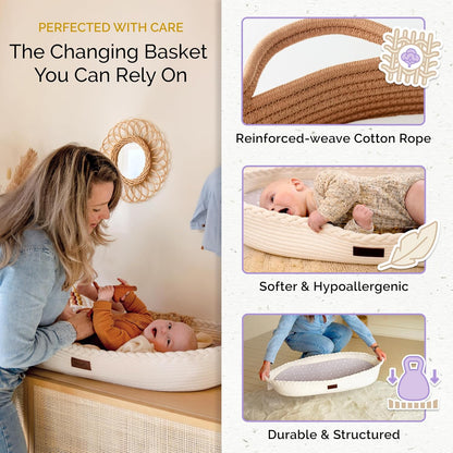 Yunioo Baby Changing Basket com trocador macio e portátil para cômoda e trocador, itens essenciais para recém-nascidos – Branco Bege
