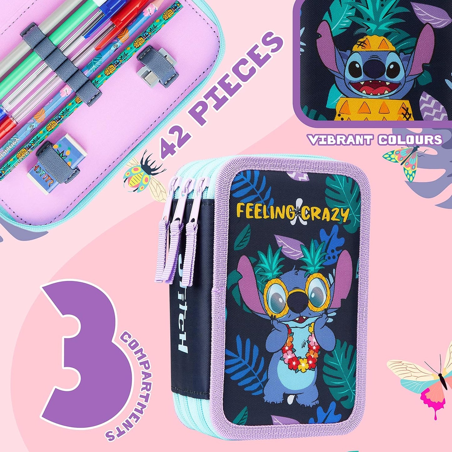 Disney Filled Pencil Case with Stationery for Kids, School Supplies Colouring Pencils, Markers - Gifts for Girls (Multi Stitch Triple Zip)