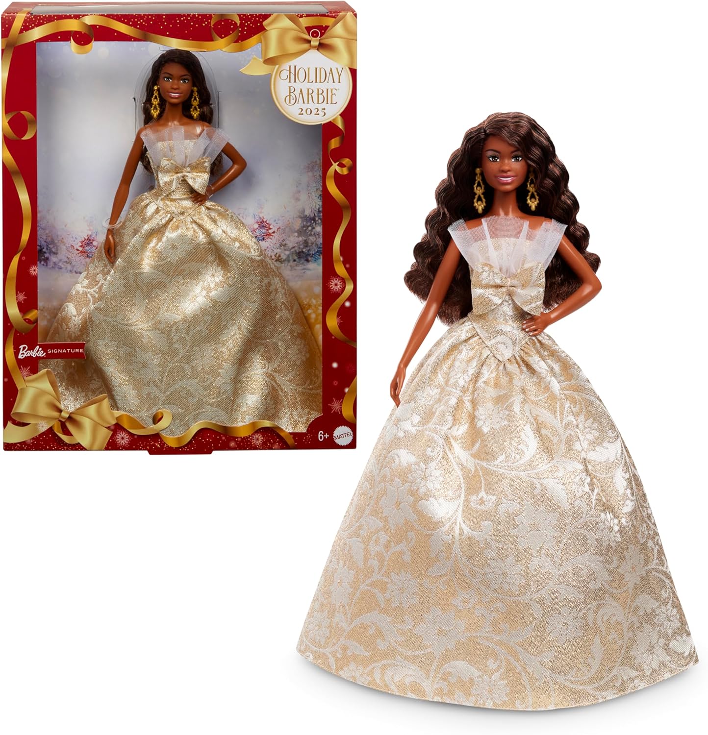 Barbie Signature, Boneca Fashion de Cabelo Preto para as Festas de Fim de Ano de 2025, Vestindo Vestido Prateado e Dourado, Brinquedo Colecionável Sazonal em Embalagem Exibível, JBJ01