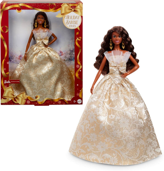 Barbie Signature, Boneca Fashion de Cabelo Preto para as Festas de Fim de Ano de 2025, Vestindo Vestido Prateado e Dourado, Brinquedo Colecionável Sazonal em Embalagem Exibível, JBJ01
