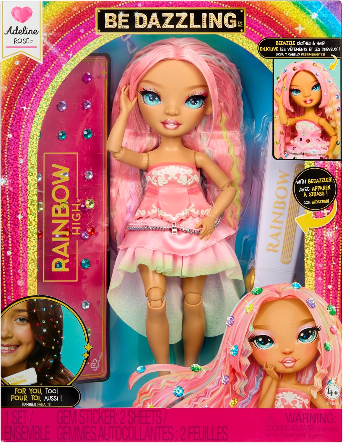 Rainbow High Be Dazzling - Adeline Rose - Boneca Fashion Rosa de 28cm com Ferramenta para Aplicar Brilho, Gemas Brilhantes e Acessórios de Estilo