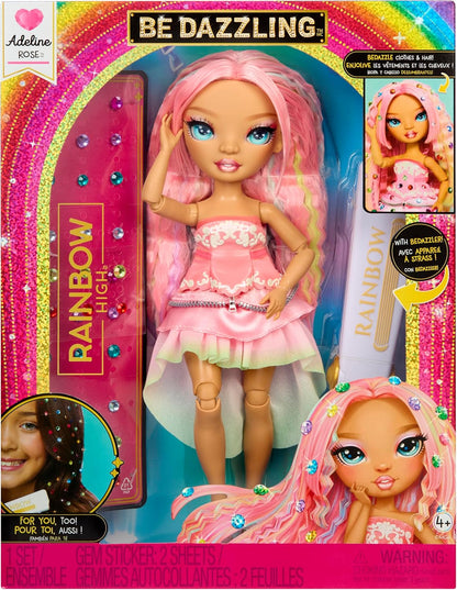 Rainbow High Be Dazzling - Adeline Rose - Boneca Fashion Rosa de 28cm com Ferramenta para Aplicar Brilho, Gemas Brilhantes e Acessórios de Estilo