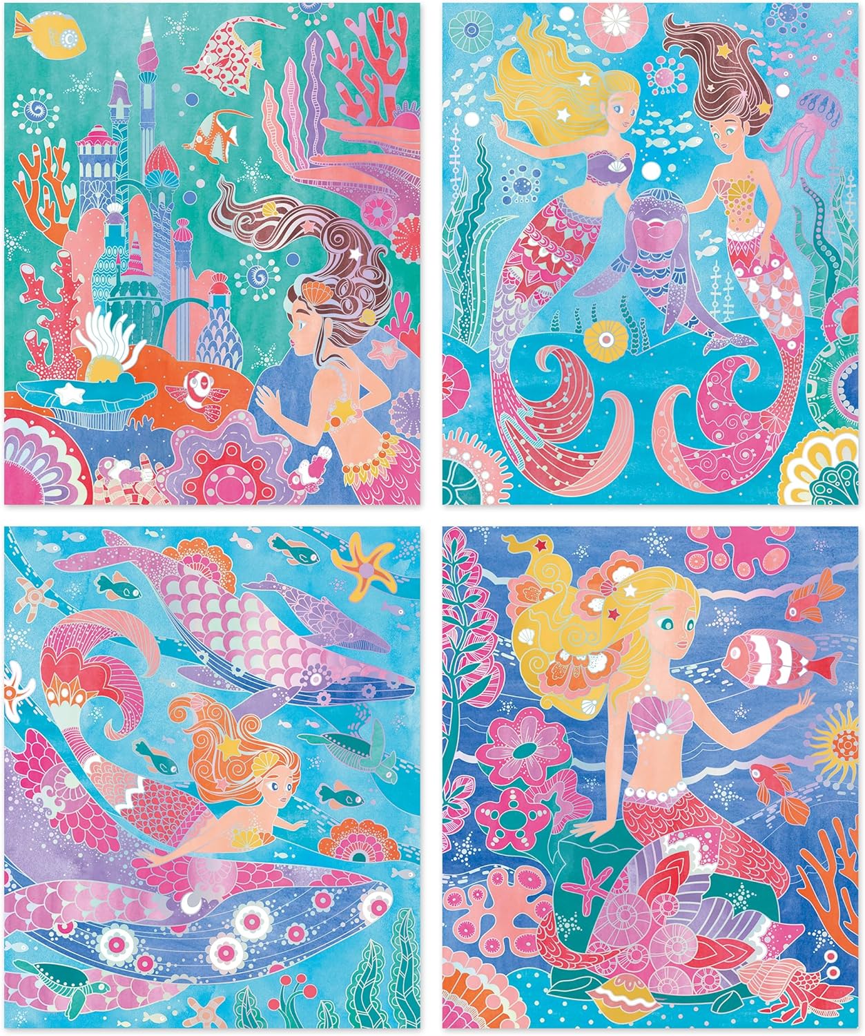 Janod - 4 Pinturas com Linhas Prateadas - Pintura em Aquarela - Tema Sereia - Oceano Mágico - Kit de Lazer Criativo Infantil - Aprendizagem de Motricidade Fina e Concentração - a partir dos 7 Anos