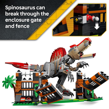 LEGO Jurassic World Fuga do Dinossauro Espinossauro – Brinquedo Interativo com Figura de Dinossauro, Moto e 2 Minifiguras – Presente de Aniversário para Meninos e Meninas a partir de 9 Anos – 77982