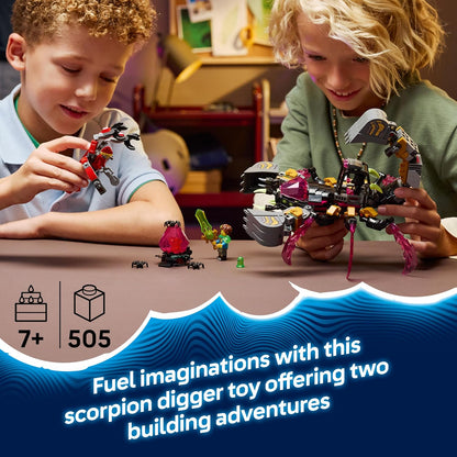 LEGO DREAMZzz 2 em 1 Escavadeira Escorpião Pesadelo - Transforma-se em uma figura de Vespa - Inclui 3 minifiguras e uma criatura colecionável laranja do tesouro - Presente para meninos a partir de 7 anos - 71513