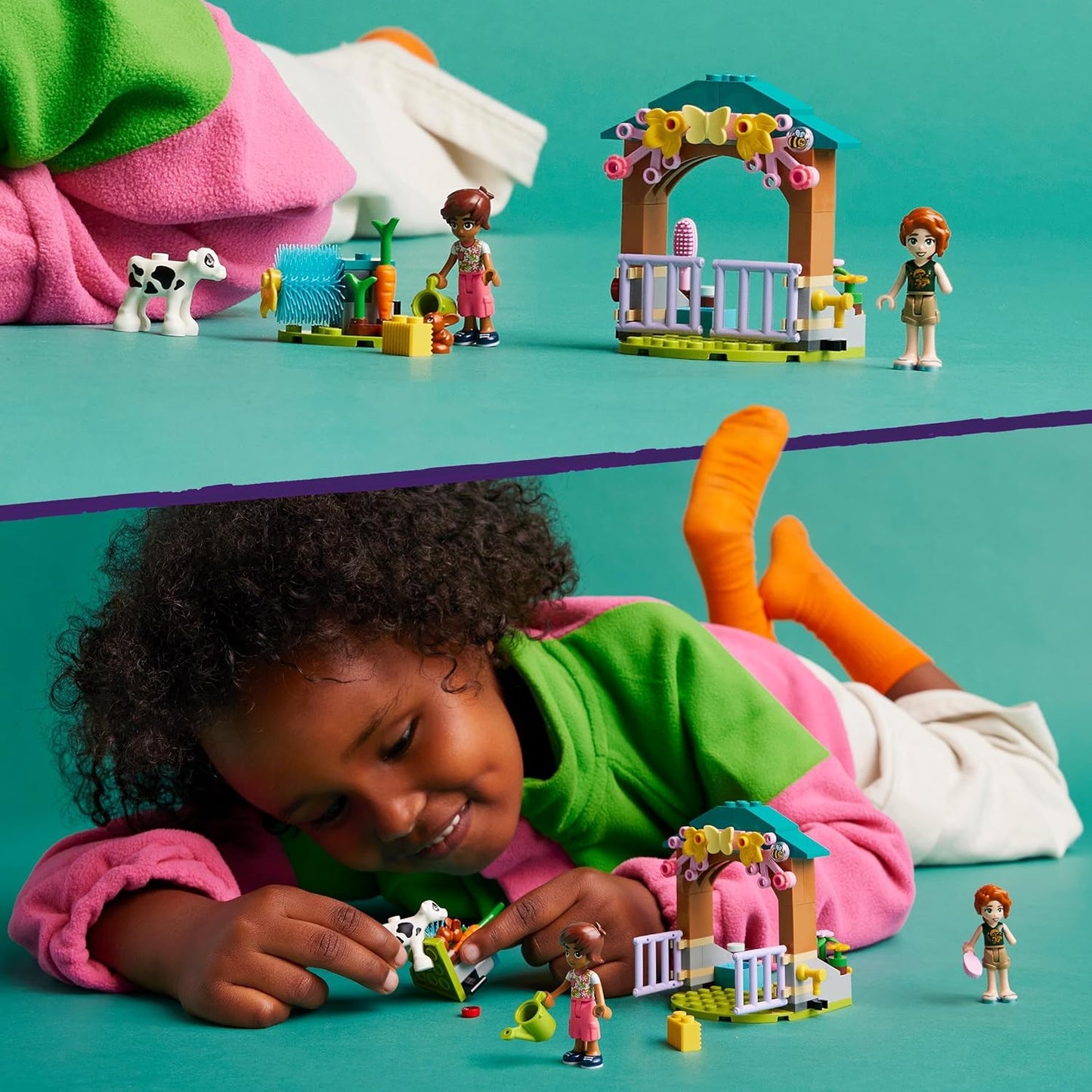 LEGO Friends Autumn's Baby Cow Shed, conjunto de brinquedos de animais de fazenda para meninas, meninos e crianças de 5 anos ou mais, com 2 personagens de miniboneca, figuras de bezerro e coelho 42607