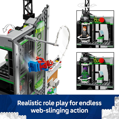 LEGO ǀ Marvel Homem-Aranha vs. Oscorp - Brinquedo interativo com uma moto, 8 minifiguras incluindo Miles Morales e Duende Verde - Presente colecionável de super-herói para meninos e fãs a partir de 10 anos - 76324