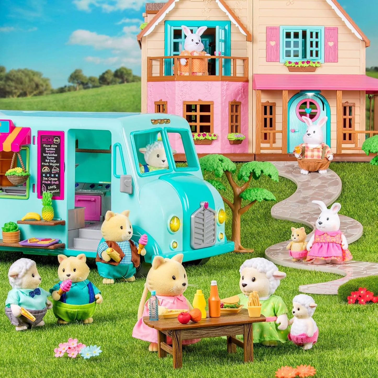 Li'l Woodzeez - Honeysuckle Hillside Cottage - Juego de 20 piezas con casa de juegos, muebles y accesorios - Casas en miniatura y juegos para niños de 3 años en adelante