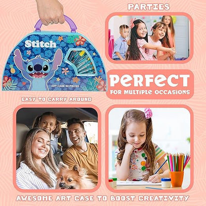 Disney Stitch Kids Art Set 40 Plus Peças Disney Princesas Crianças Colorir Conjuntos Tintas Lápis de Cor Marcadores Giz de Cera Artigos de Arte de Viagem Presentes para Crianças (Conjunto de Ponto Azul)