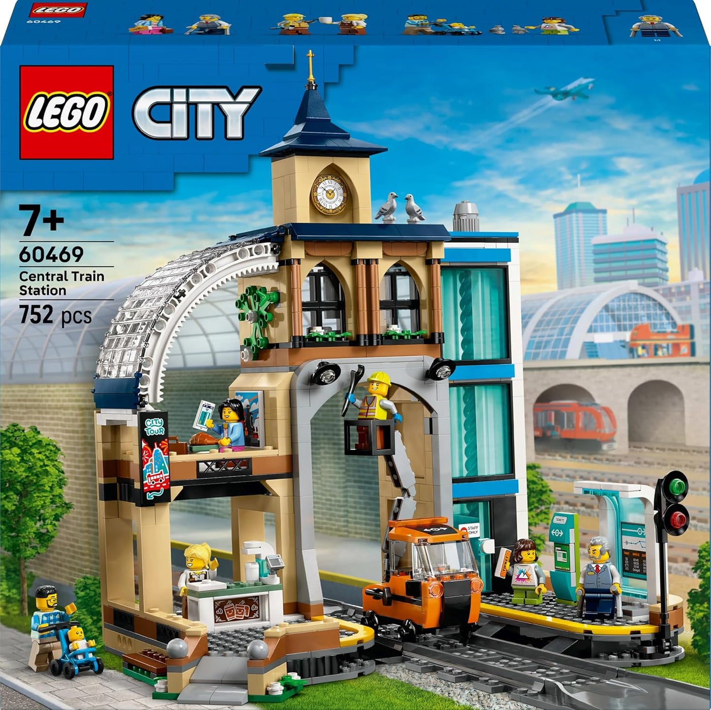 LEGO Conjunto City Estação Central de Trem com um veículo de manutenção, elevador funcional, máquina de bilhetes, 2 plataformas e uma peça de trilho, além de 6 minifiguras - Presente para meninos e meninas a partir de 7 anos - 60469