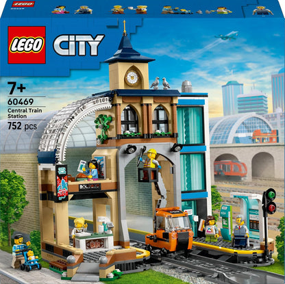 LEGO Conjunto City Estação Central de Trem com um veículo de manutenção, elevador funcional, máquina de bilhetes, 2 plataformas e uma peça de trilho, além de 6 minifiguras - Presente para meninos e meninas a partir de 7 anos - 60469