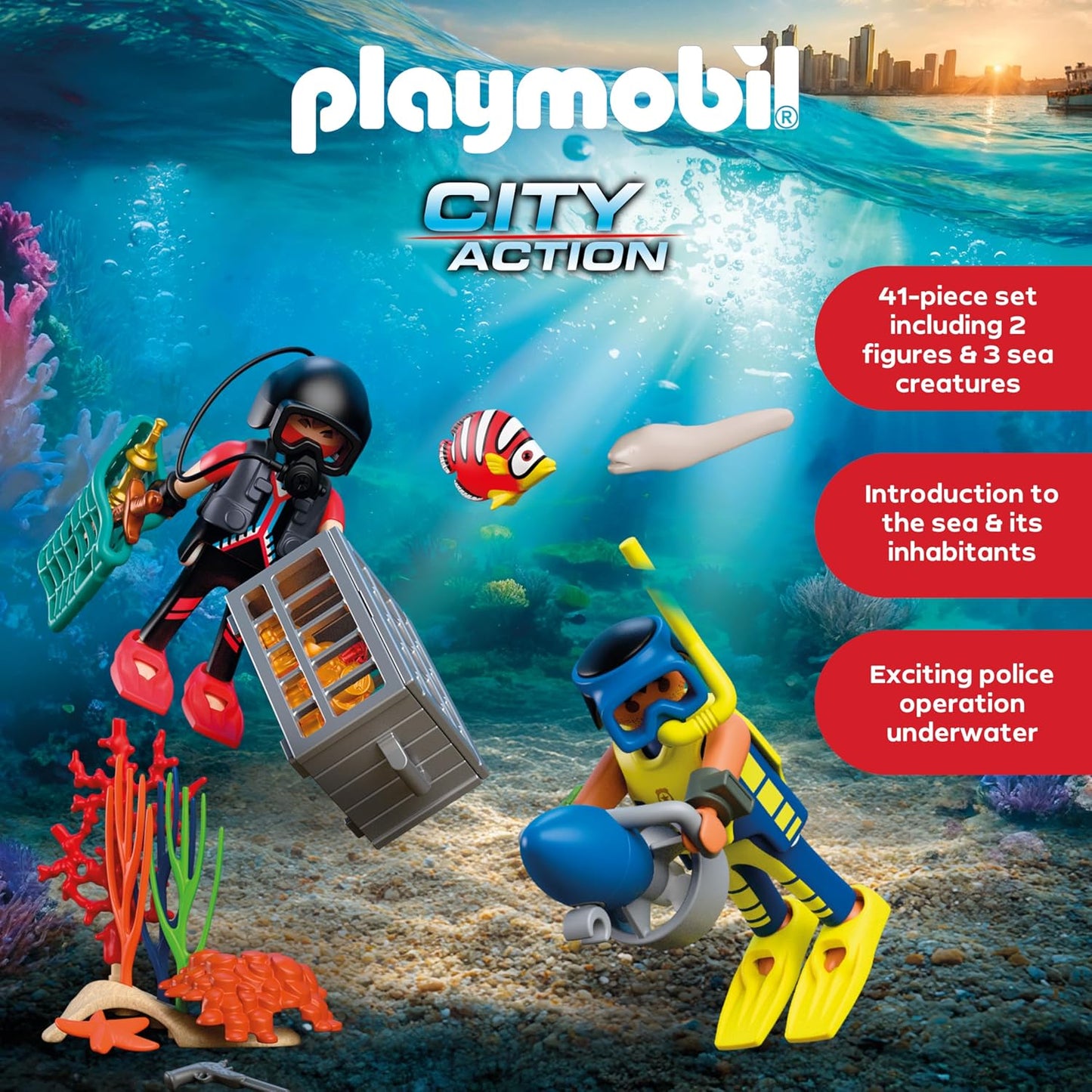 Playmobil City Action Policial Mergulhador com Tesouro, 2 Figuras, Scooter Subaquático e Criaturas Marinhas, Estimula a Criatividade, Brinquedo para Crianças a Partir de 4 Anos, 72078