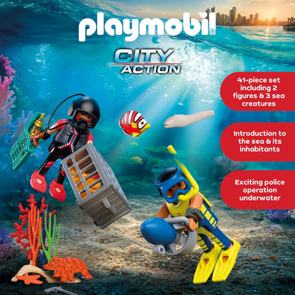 Playmobil City Action Policial Mergulhador com Tesouro, 2 Figuras, Scooter Subaquático e Criaturas Marinhas, Estimula a Criatividade, Brinquedo para Crianças a Partir de 4 Anos, 72078
