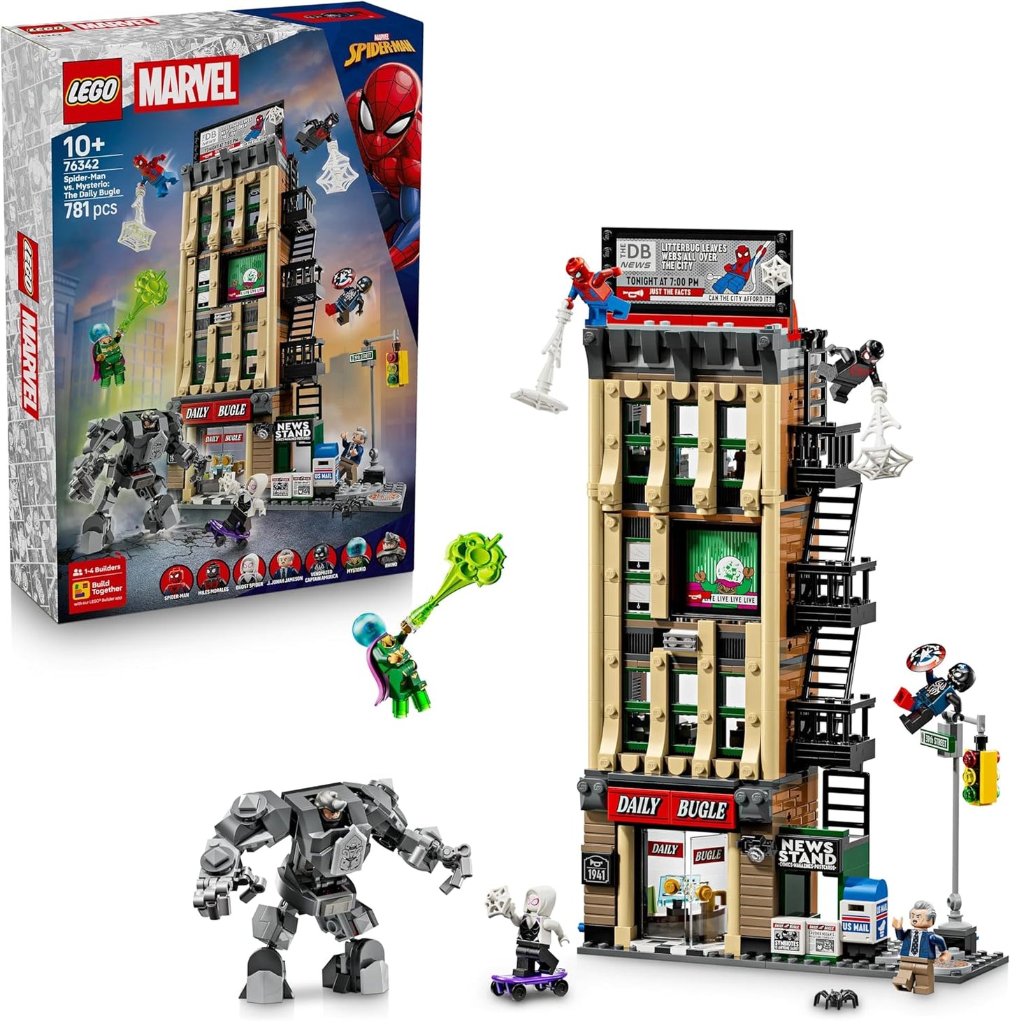 LEGO | Marvel Homem-Aranha vs. Mysterio: Prédio do Clarim Diário - Brinquedo de Super-Herói com Figura de Ação Mecânica e 7 Minifiguras - Presente de Aniversário para Meninos a partir de 10 Anos e Fãs do Filme - 76342