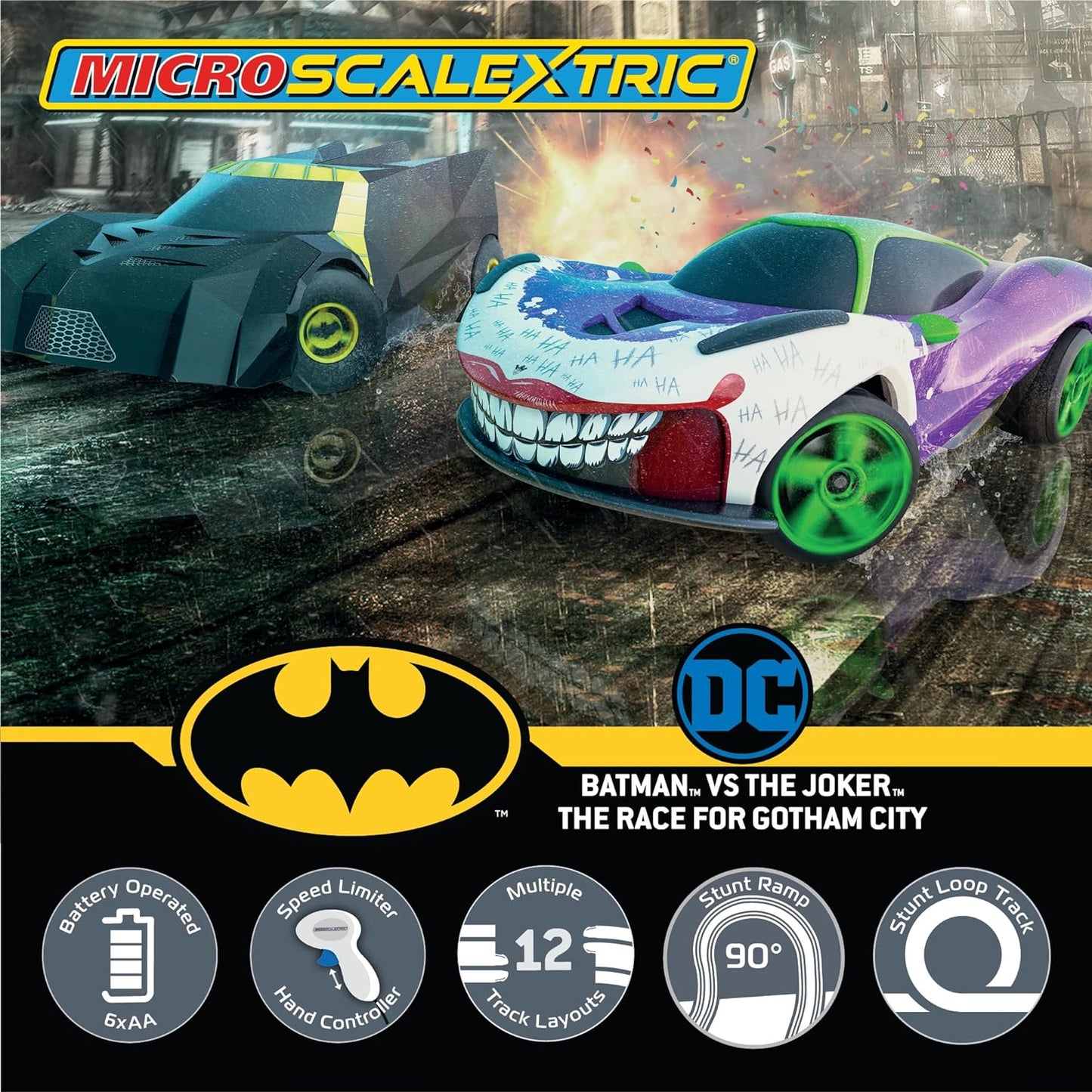 Scalextric Conjunto de corrida movido a bateria Micro Scalextric Batman 1:64 - G1177M Batman Vs Joker, a corrida por Gotham City