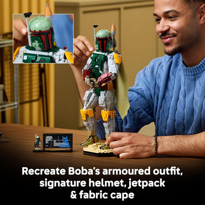 LEGO Star Wars 75455 Figura do Boba Fett – Kit de modelo para adultos, inclui armadura de Beskar, blaster e minifigura de caçador de recompensas – Decoração para prateleira ou mesa – Presente para fãs de O Retorno de Jedi