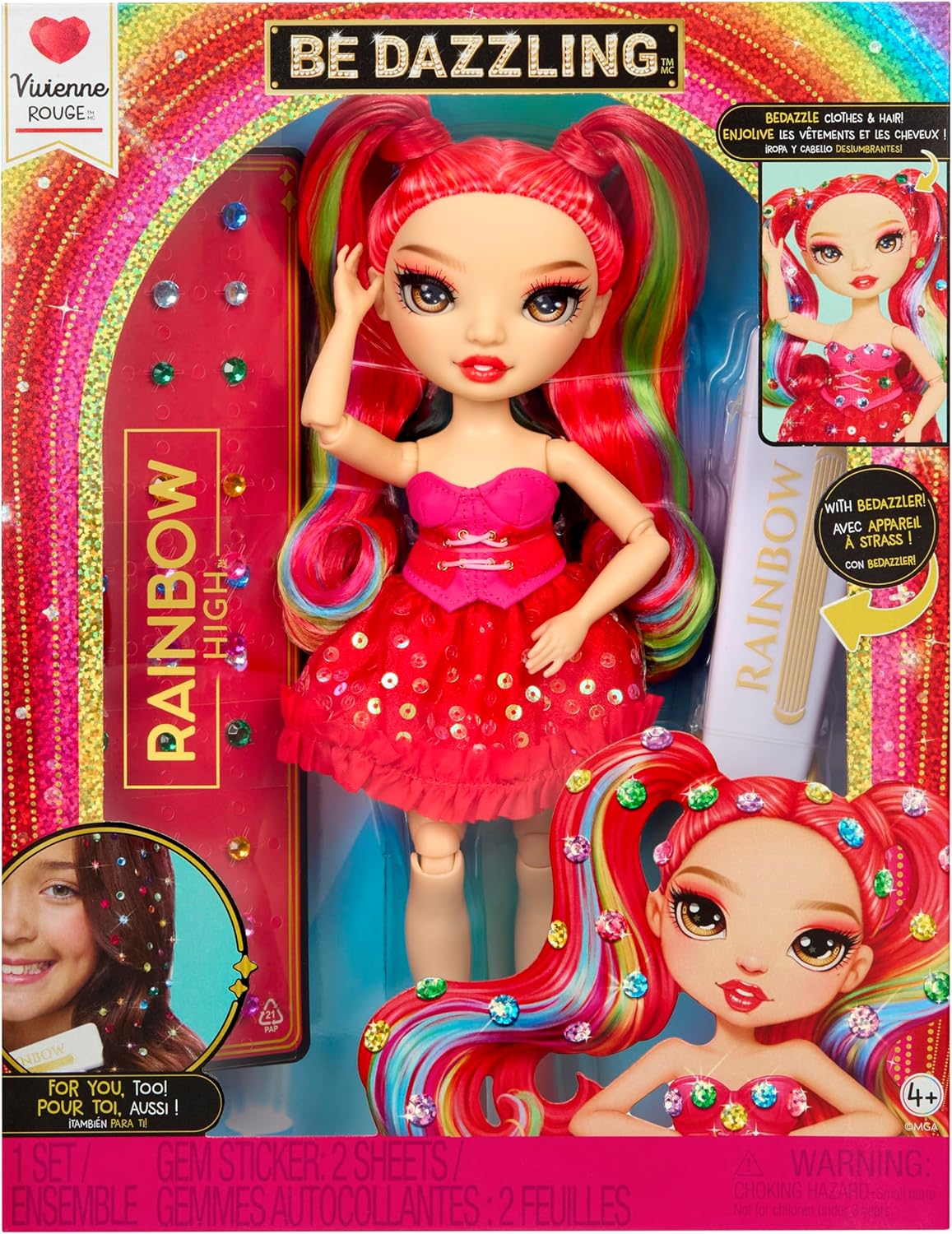 Rainbow High Be Dazzling - Vivienne Rouge - Boneca Fashion Vermelha de 28cm com Ferramenta para Aplicar Glitter, Pedras Brilhantes e Acessórios de Estilo