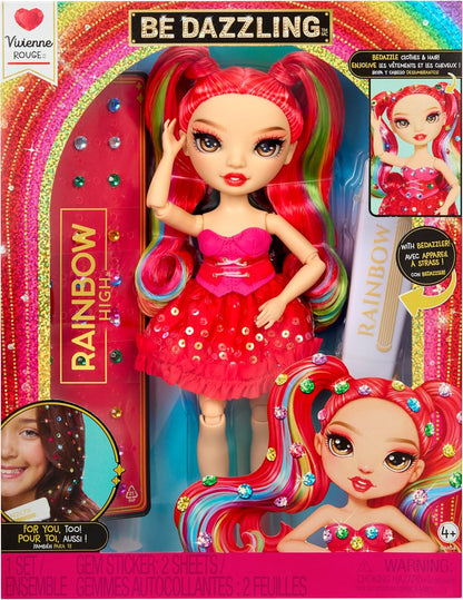 Rainbow High Be Dazzling - Vivienne Rouge - Boneca Fashion Vermelha de 28cm com Ferramenta para Aplicar Glitter, Pedras Brilhantes e Acessórios de Estilo