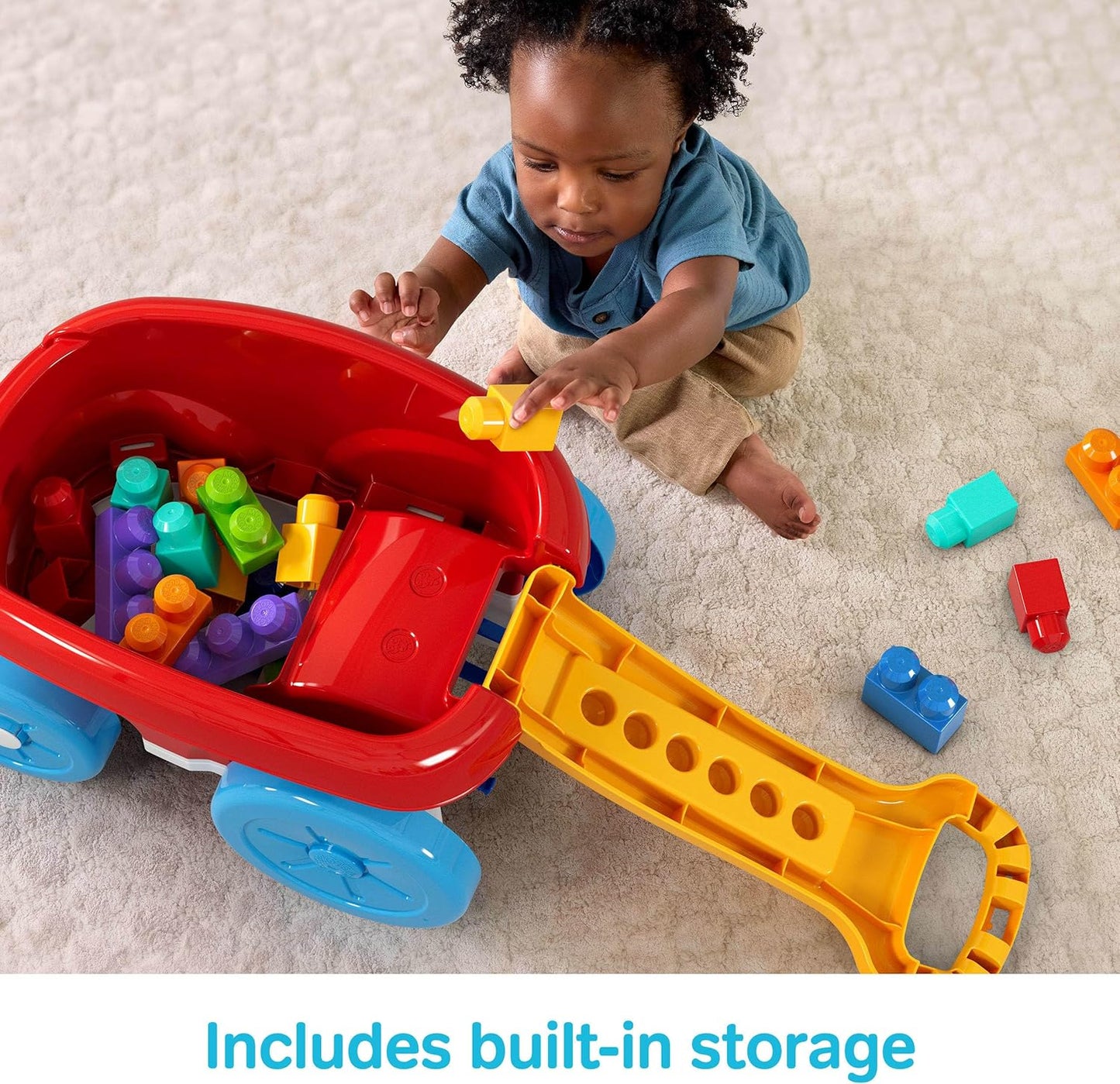 MEGA BLOKS First Builders Brinquedo de Construção para Crianças Pequenas, Carrinho de Reboque com 20 Peças e Compartimento de Armazenamento Integrado, Recolhe Blocos, Vermelho, Crianças a partir de 1 Ano, JFR30
