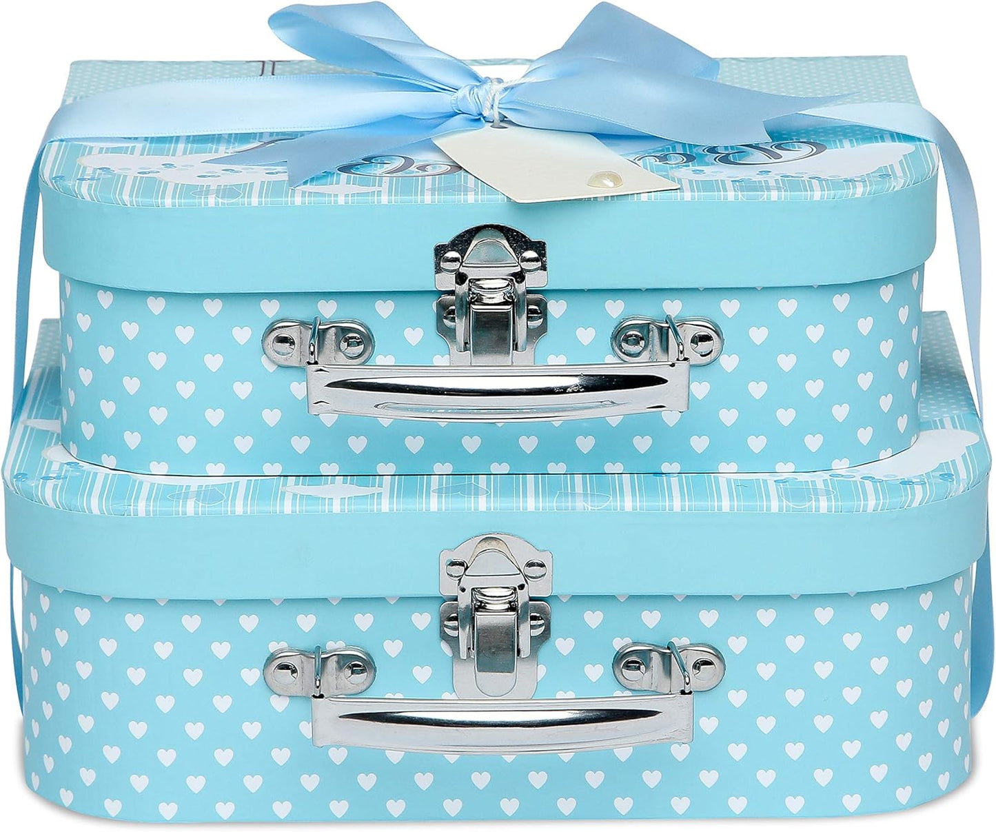 Baby Box Shop - Duas caixas prontas com fita de cetim e etiqueta para malas pequenas e médias, presentes para bebês, caixa de presente de chá de bebê faça você mesmo para meninos