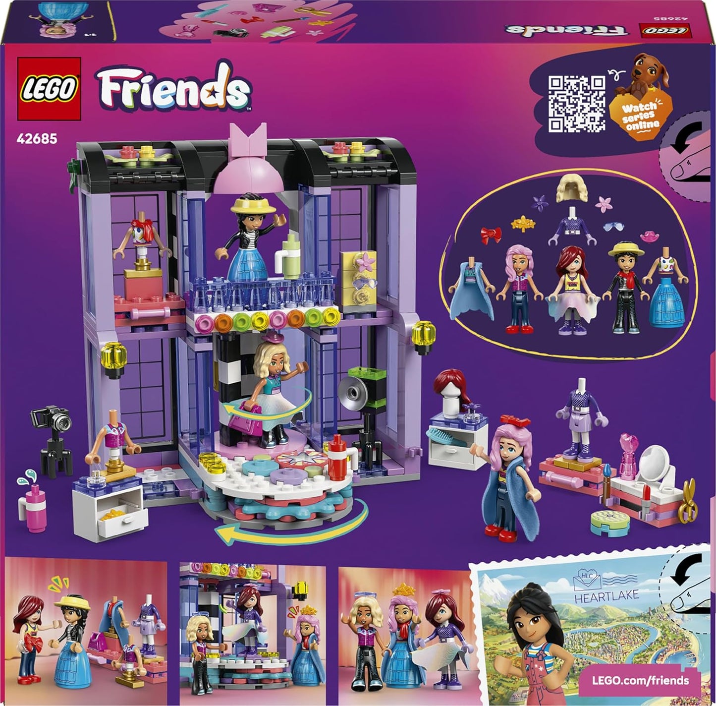 LEGO Friends Desfile de Moda de Heartlake City - Brinquedo de Vestir com 3 Mini Bonecas, Passarela, Roupas Personalizáveis incluindo Saia, Casaco, Chapéus e Acessórios - Presente Criativo para Meninas a partir de 7 Anos - 42685