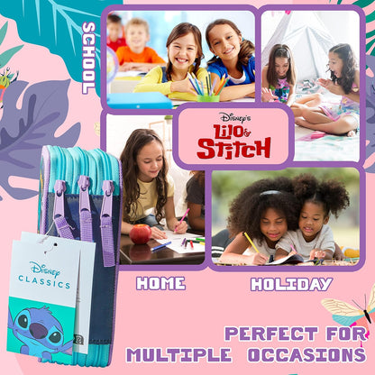 Disney Filled Pencil Case with Stationery for Kids, School Supplies Colouring Pencils, Markers - Gifts for Girls (Multi Stitch Triple Zip)