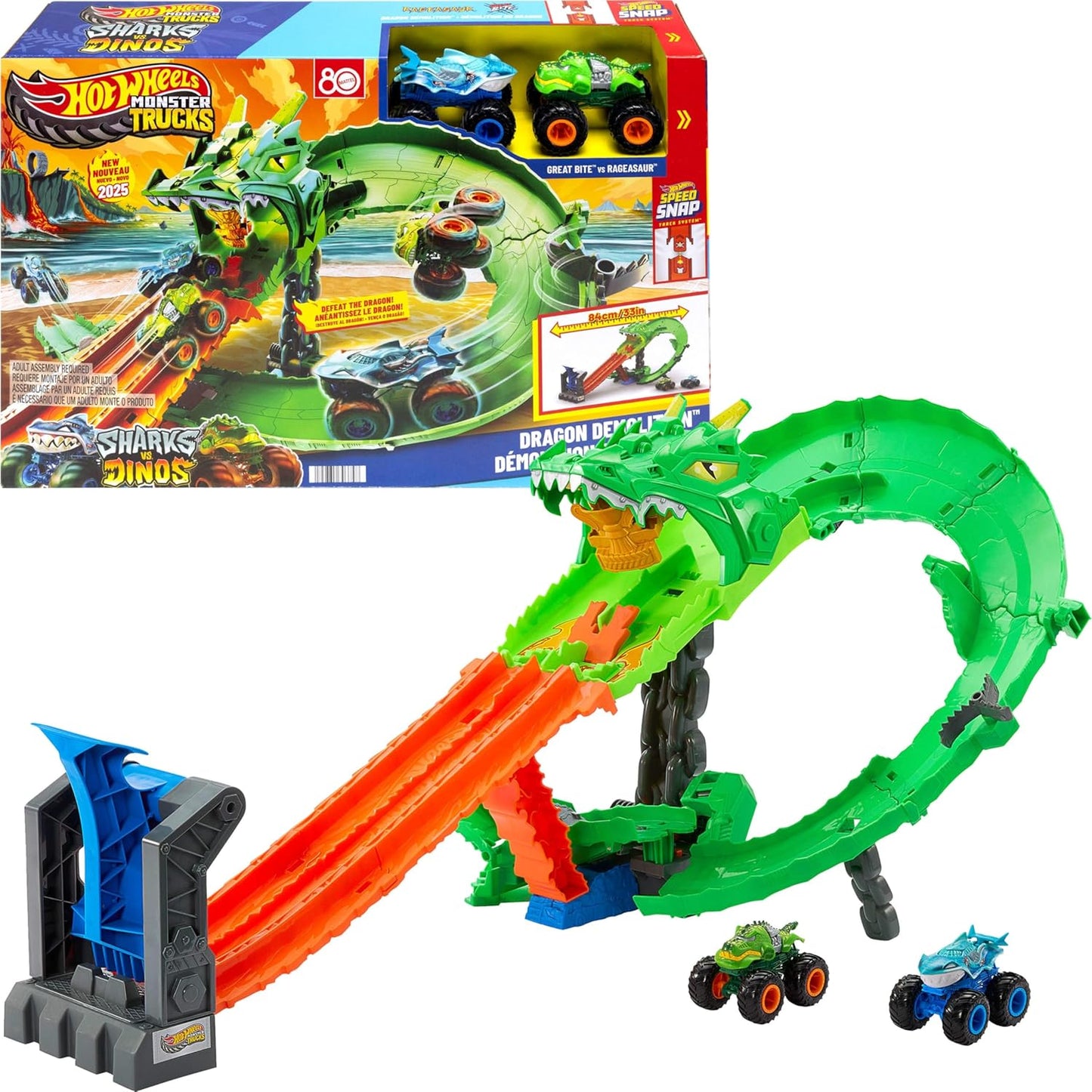 Hot Wheels Toy Monster Trucks, Sharks vs. Dinos Dragon Destruction Playset com Great Bite e Rageasaur em escala 1:64, Corrida para Derrotar o Ciborgue Nêmesis, JGB06