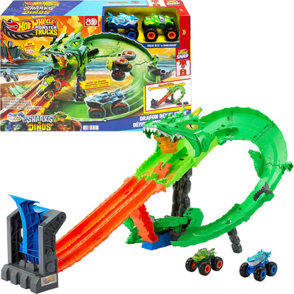 Hot Wheels Toy Monster Trucks, Sharks vs. Dinos Dragon Destruction Playset com Great Bite e Rageasaur em escala 1:64, Corrida para Derrotar o Ciborgue Nêmesis, JGB06