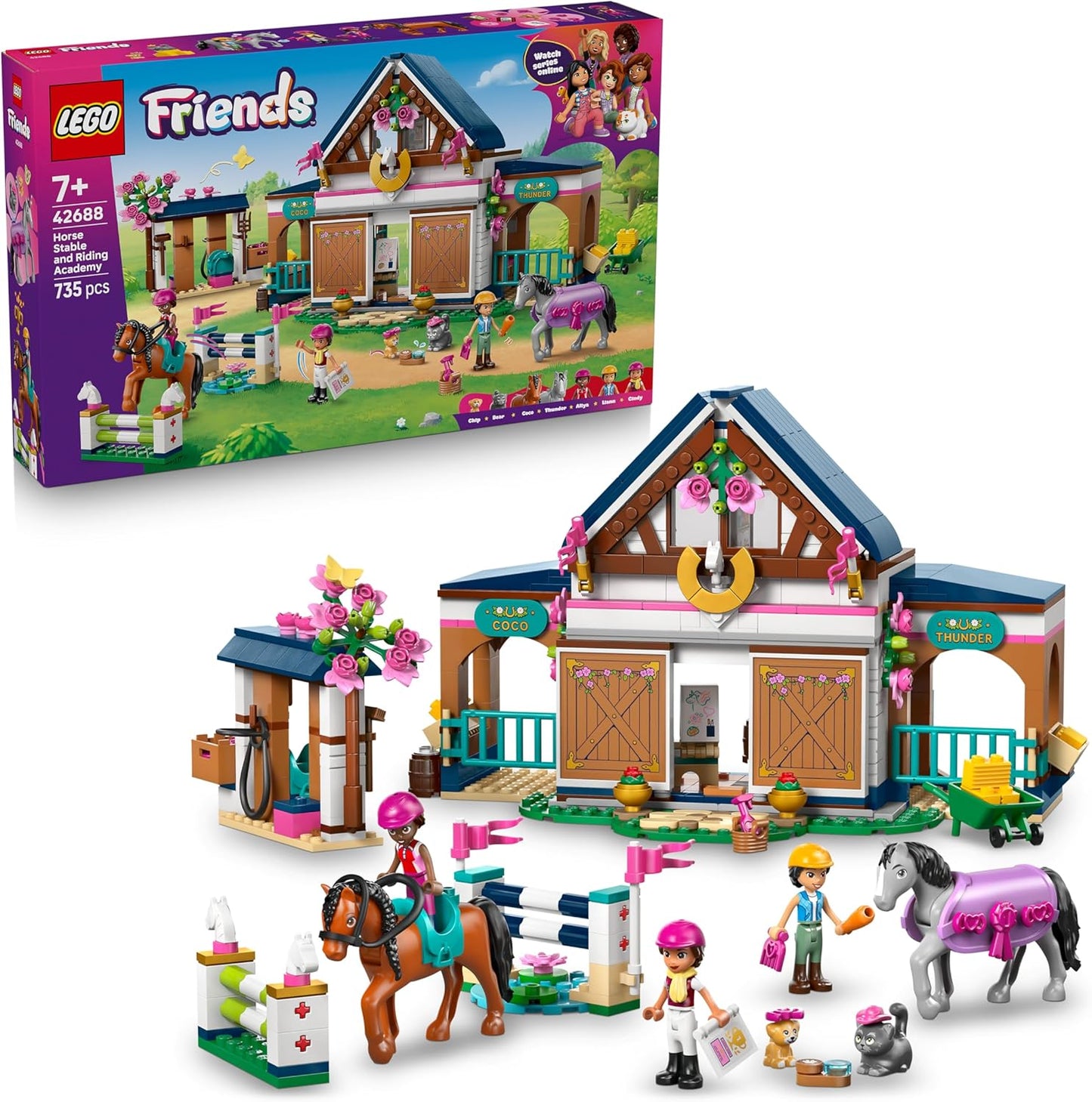 LEGO Friends Estábulo e Academia de Equitação - Conjunto de Brinquedo Educativo com 3 Mini Bonecas, 2 Figuras de Cavalos, um Cachorrinho e Acessórios de Higiene - Presente de Aniversário para Meninas a partir de 7 Anos - 42688