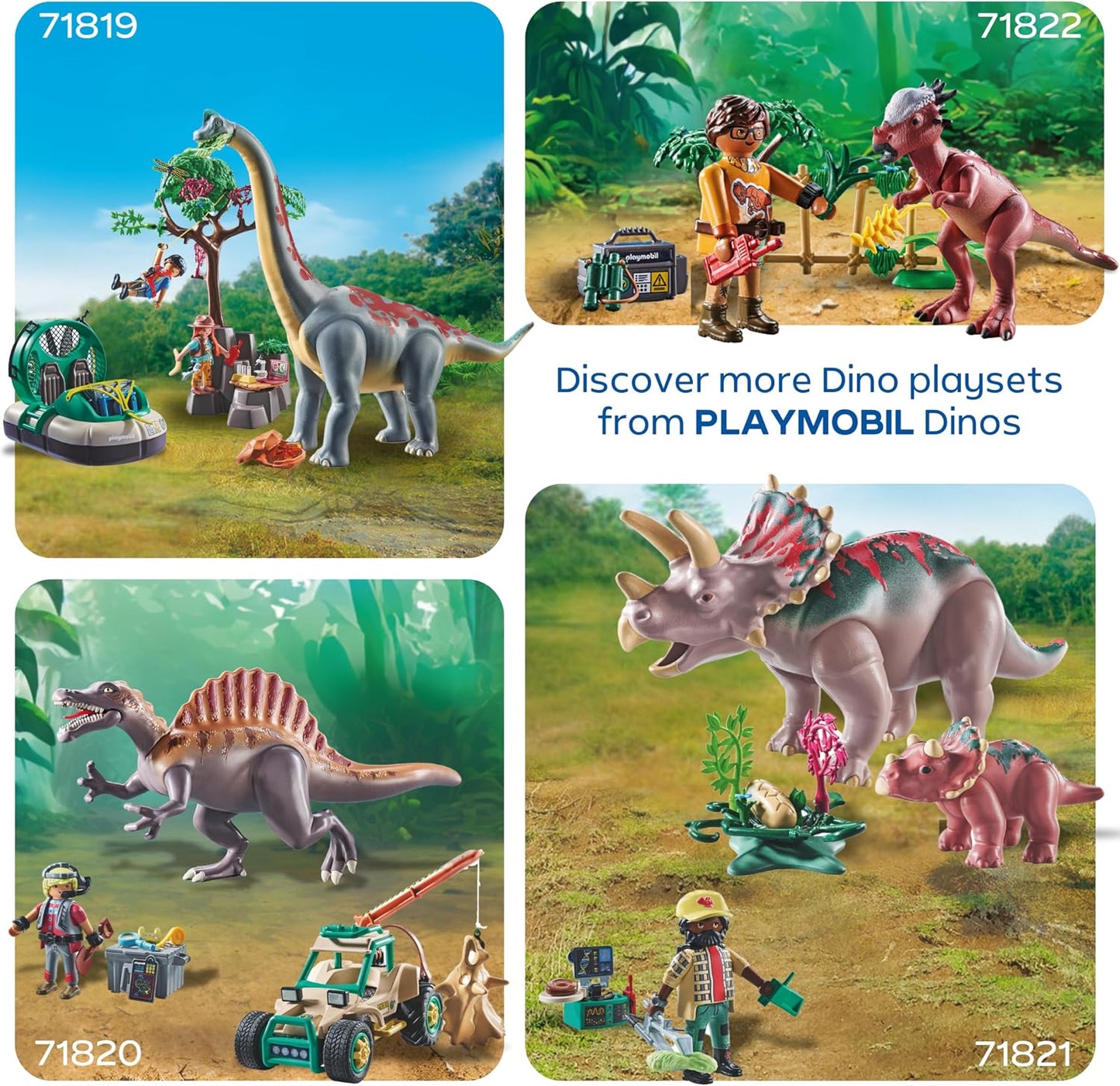 Playmobil Dinos – Esconderijo dos Dinossauros, Explorador com Quadriciclo, Filhote de T-Rex e Filhote de Braquiossauro, Brinquedo para crianças a partir de 4 anos, 72069