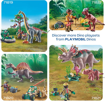 Playmobil Dinos – Esconderijo dos Dinossauros, Explorador com Quadriciclo, Filhote de T-Rex e Filhote de Braquiossauro, Brinquedo para crianças a partir de 4 anos, 72069