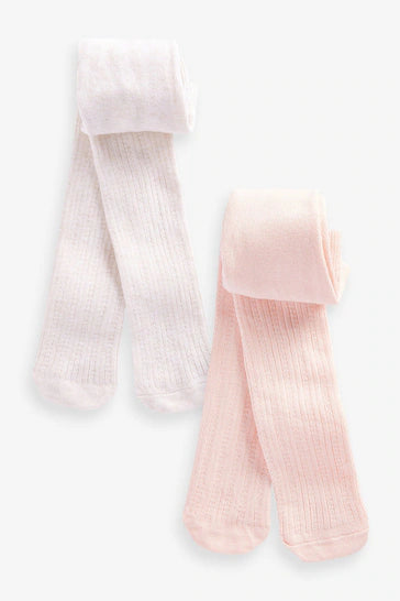 |BabyGirl| Pacote De 2 Meias-Calças Para Bebê - Pink/Cream Pointelle (0 meses a 2 anos)